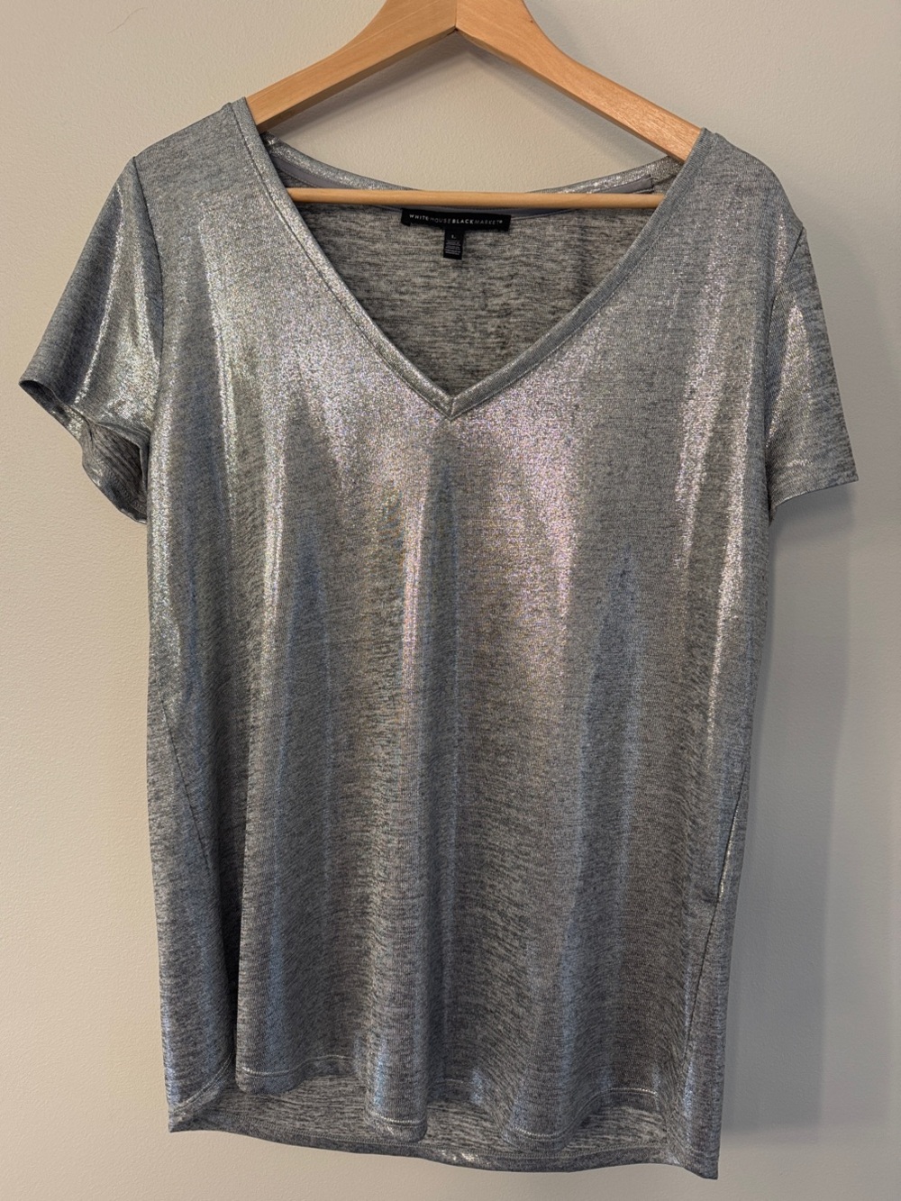 White House Black Market Silver Metallic V-Neck Short Sleeve Tee